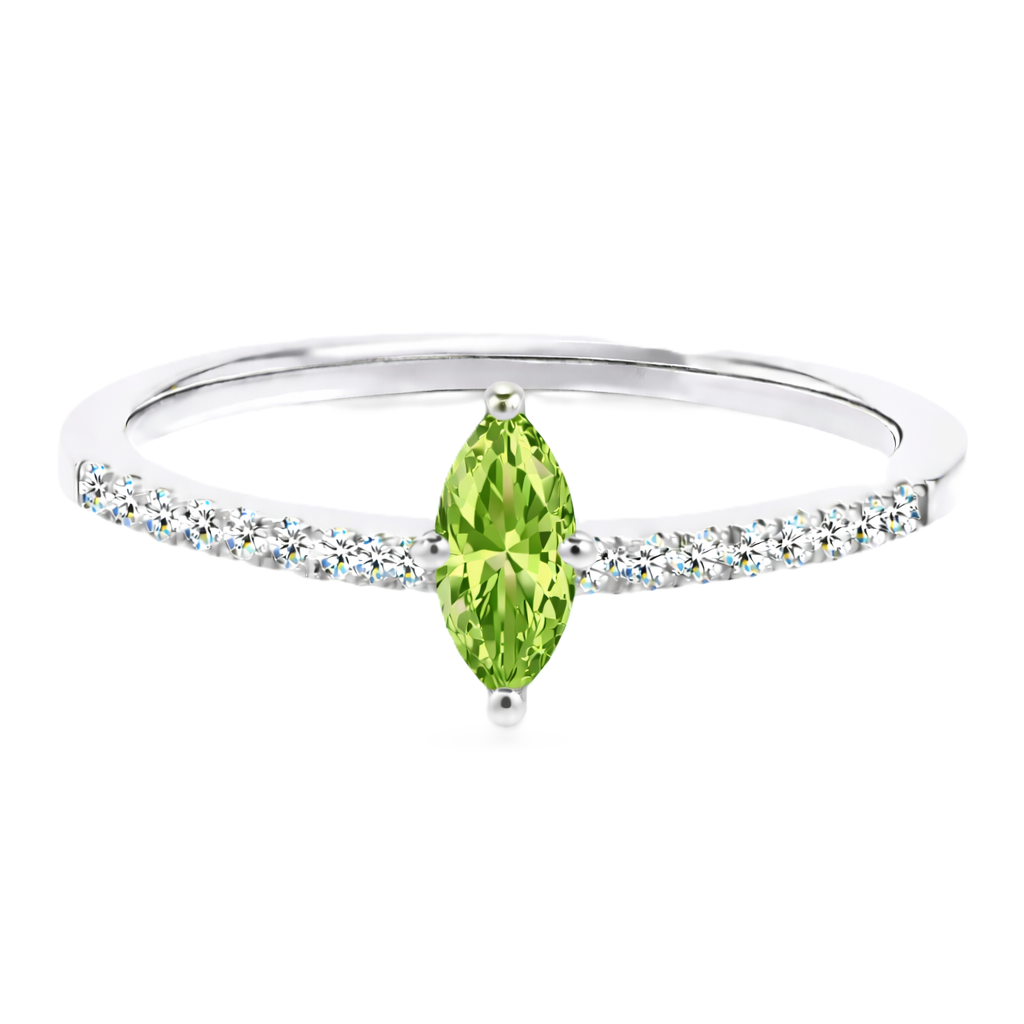 Peridot ring with an 8×4 mm marquise-cut stone, accented by moissanite in white gold-plated 925 silver. Fresh and elegant. Available now at BSI Jewelry.