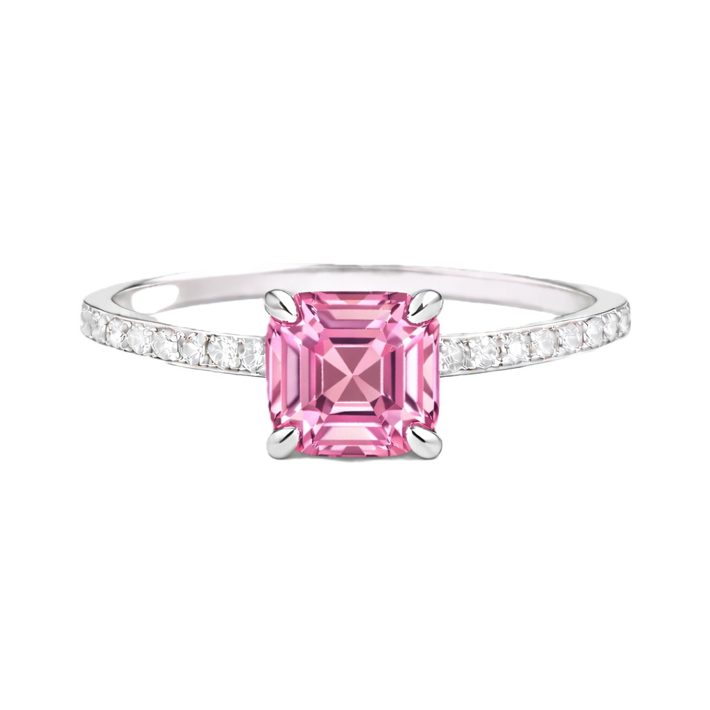 Pink amethyst ring with a 6 mm Asscher-cut stone in white gold-plated 925 silver, accented with moissanite and elegant brilliance. Available now at BSI Jewelry.