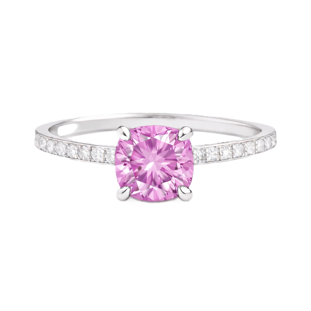 Pink amethyst ring with a 6 mm cushion in white gold-plated 925 silver, accented with moissanite. Fresh and elegant for daily wear. Available now at BSI Jewelry.
