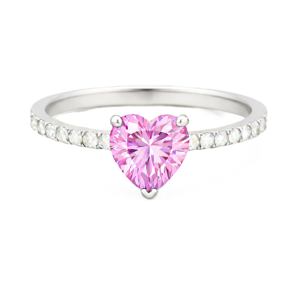 Pink amethyst ring with a 6 mm heart in white gold-plated 925 silver, with moissanite. Romantic and elegant for daily wear. Available now at BSI Jewelry.
