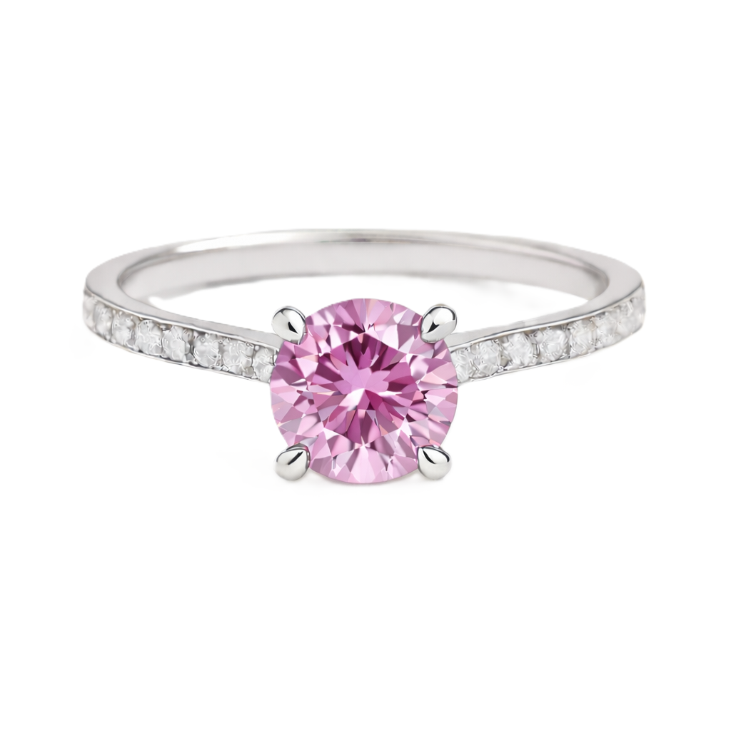 Pink amethyst ring with a 6 mm round-cut and moissanite accents, crafted in white gold-plated 925 silver. Elegant for daily wear. Available now at BSI Jewelry.