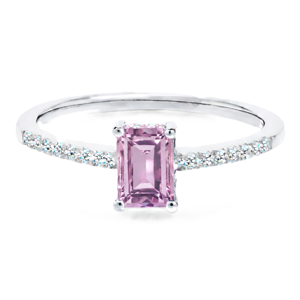 Pink amethyst ring with a 7×5 mm emerald cut in white gold-plated 925 silver, with moissanite. Elegant and refined for daily wear. Available now at BSI Jewelry.