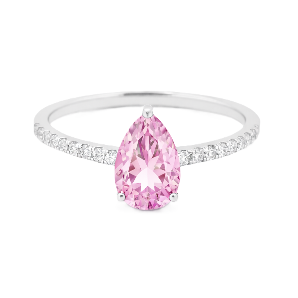 Pink amethyst ring with a 7×5 mm pear-cut stone and moissanite accents in white gold plated 925 silver. Elegant for daily wear. Available now at BSI Jewelry.