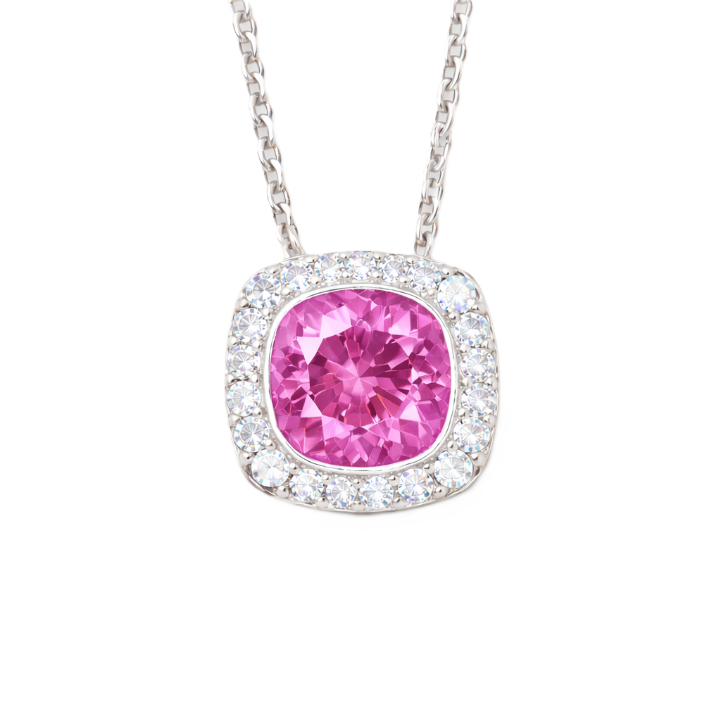 Pink sapphire cushion pendant with 6 mm center stone in white gold-plated 925 silver, accented with moissanite. Elegant and romantic. Available now at BSI Jewelry.