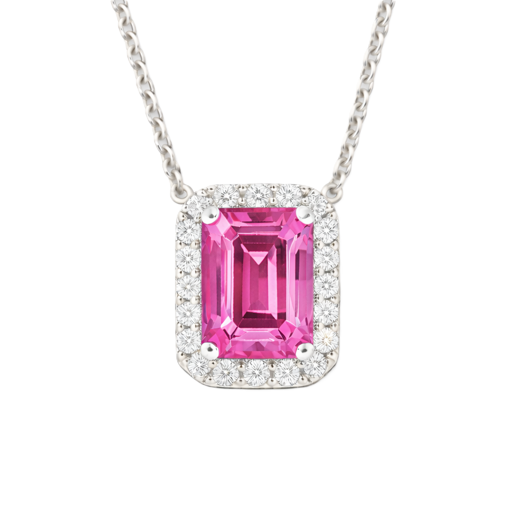 Pink sapphire emerald cut necklace with 7×5 mm center stone in white gold-plated 925 silver. Elegant and feminine for everyday wear. Available now at BSI Jewelry.