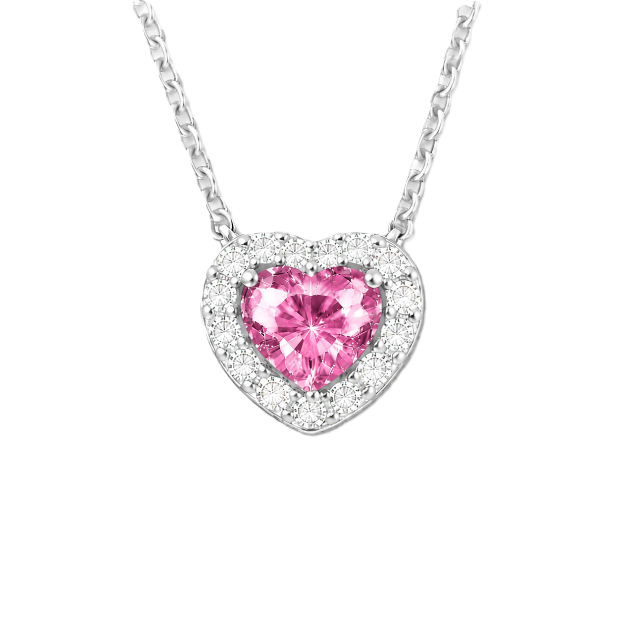 Pink sapphire heart necklace with 6 mm center stone in white gold-plated 925 silver. Soft, romantic, and elegant for daily wear. Available now at BSI Jewelry.