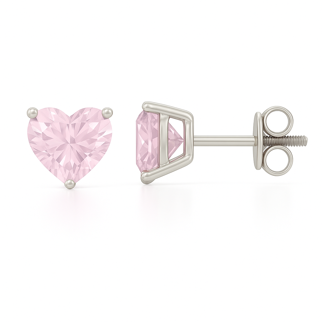 Elegant 6mm heart-cut Pink Sapphire stud earrings in white-gold-plated 925 silver, hypoallergenic and safe to wear. Available now at BSI Jewelry.