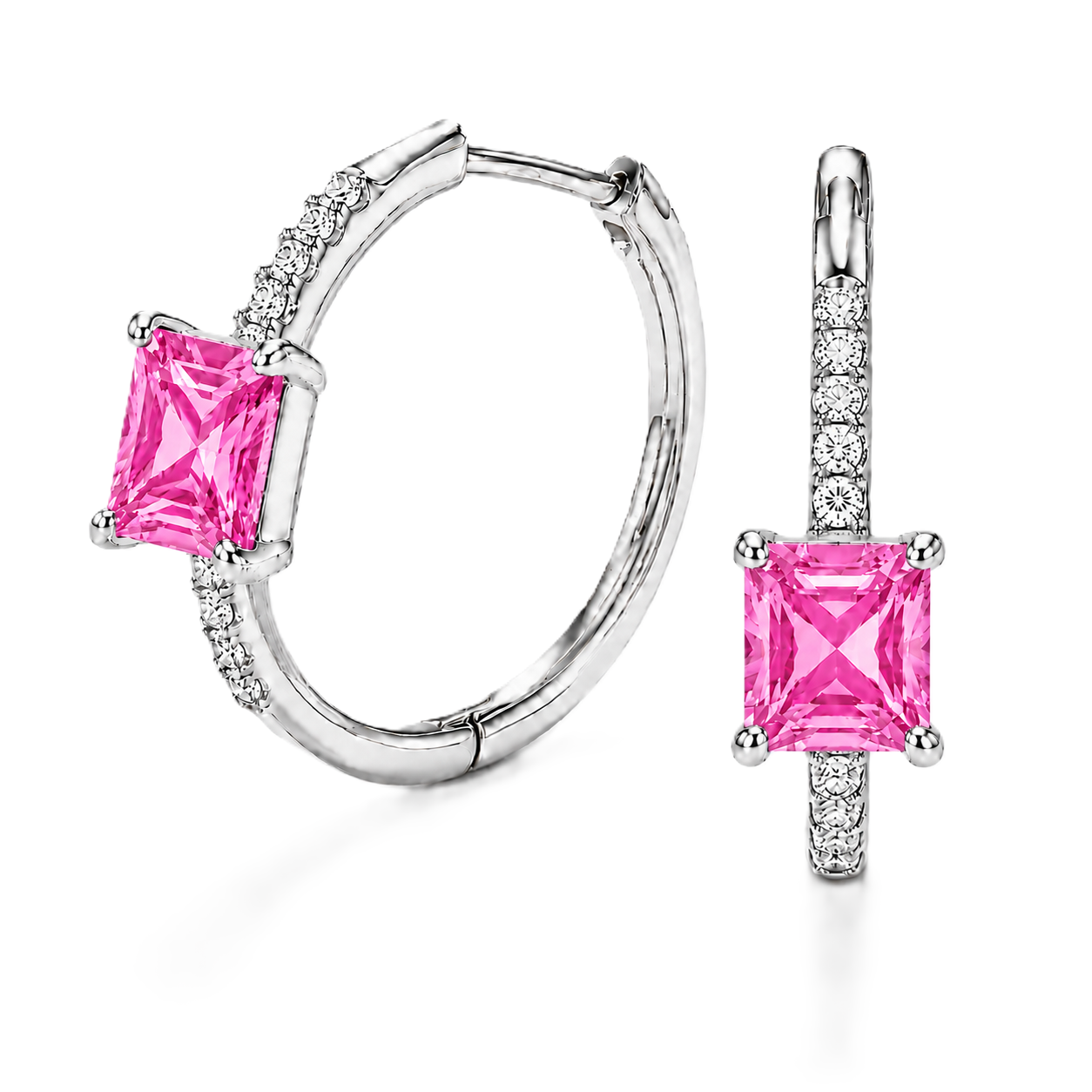 Pink sapphire huggie earrings featuring vibrant 5 mm square pink sapphires and sparkling accents in white gold plated 925 silver. Available now at BSI Jewelry.