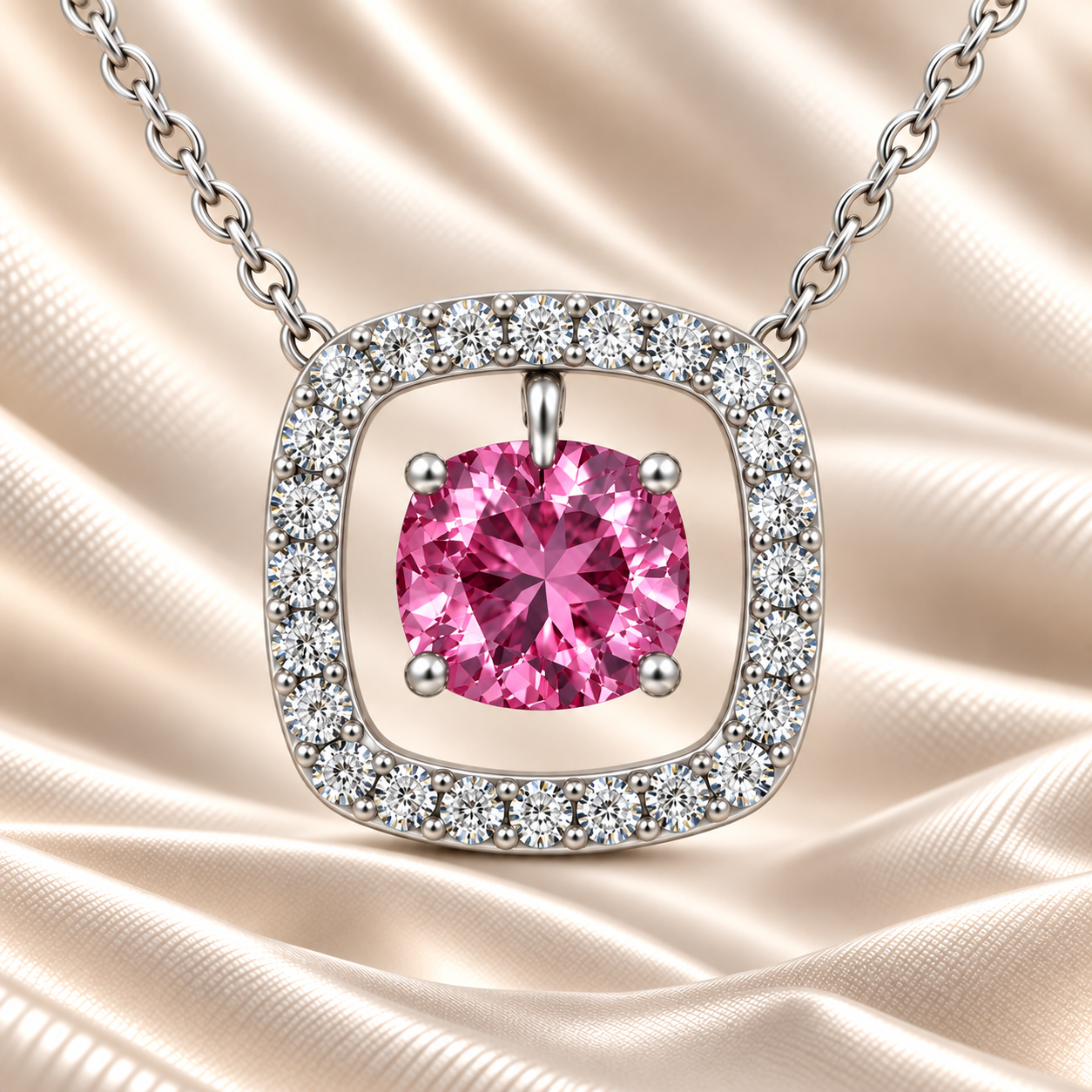 Pink sapphire necklace with a 6 mm cushion cut and moissanite halo, crafted in white gold-plated 925 silver. Elegant and refined. Available now at BSI Jewelry.