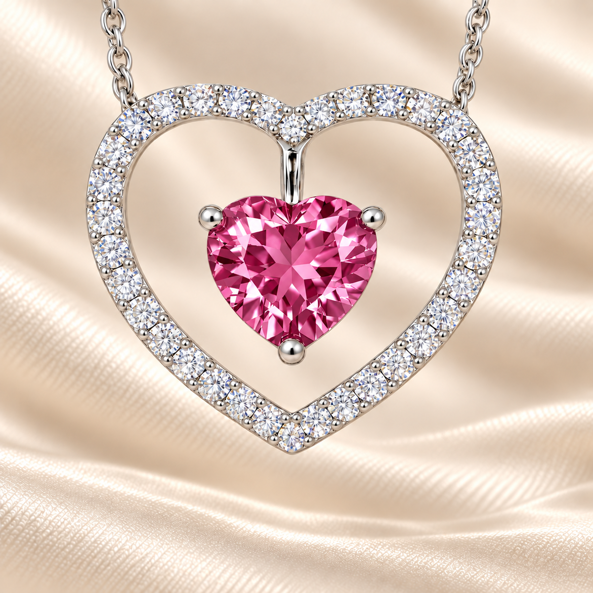 Pink sapphire necklace with a 6 mm heart cut and moissanite halo, crafted in white gold-plated 925 silver. Elegant and refined. Available now at BSI Jewelry.