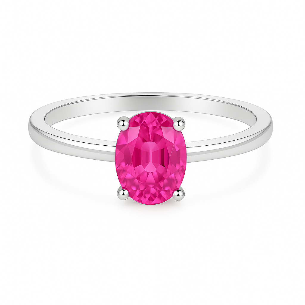 Elegant 7×5 mm pink sapphire oval-cut solitaire ring in white-gold-plated 925 silver. Refined brilliance and romantic charm. Available now at BSI Jewelry.