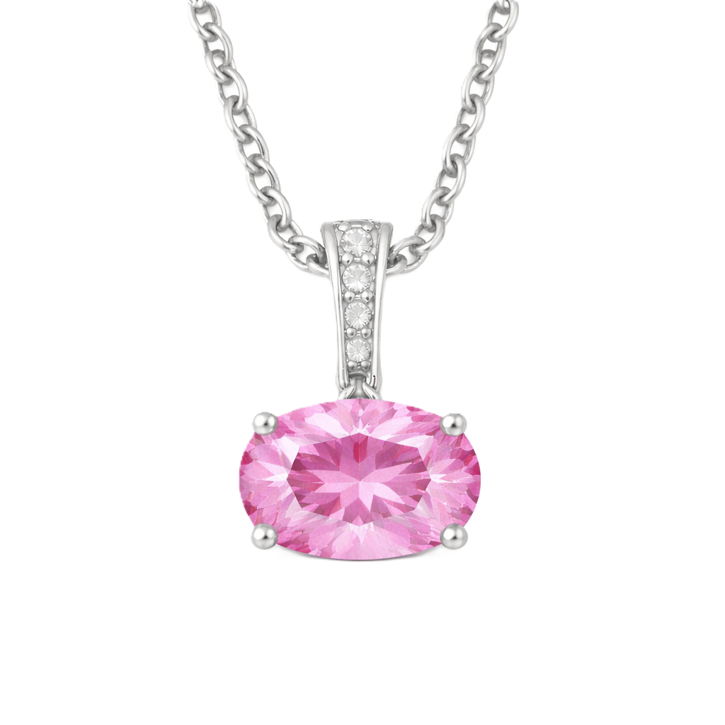 Pink sapphire oval pendant with an 8×5 mm gemstone in white gold-plated 925 silver, accented with moissanite. Elegant and refined. Available now at BSI Jewelry.