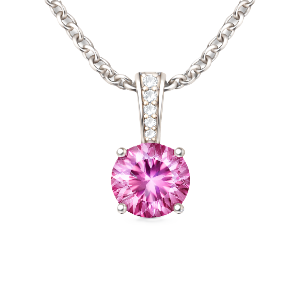 Pink sapphire pendant with a 6 mm round cut, set in white gold-plated 925 silver. Elegant, soft, and refined for daily wear. Available now at BSI Jewelry.
