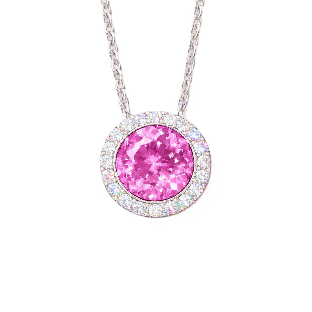Pink sapphire pendant with 6 mm round stone in white gold-plated 925 silver, accented with moissanite and adjustable cable chain. Available now at BSI Jewelry.