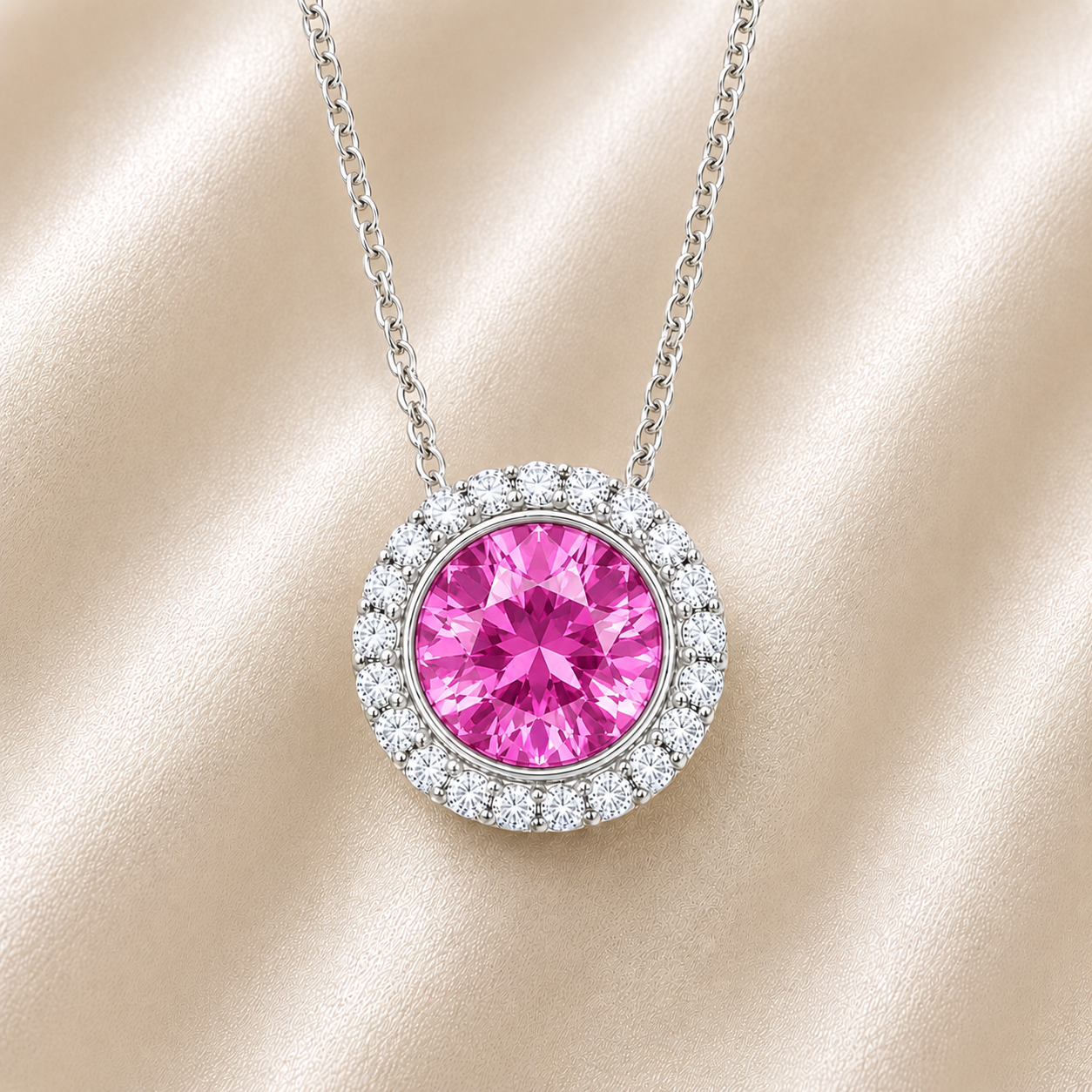Pink sapphire pendant with 6 mm round stone in white gold-plated 925 silver, accented with moissanite and adjustable cable chain. Available now at BSI Jewelry.