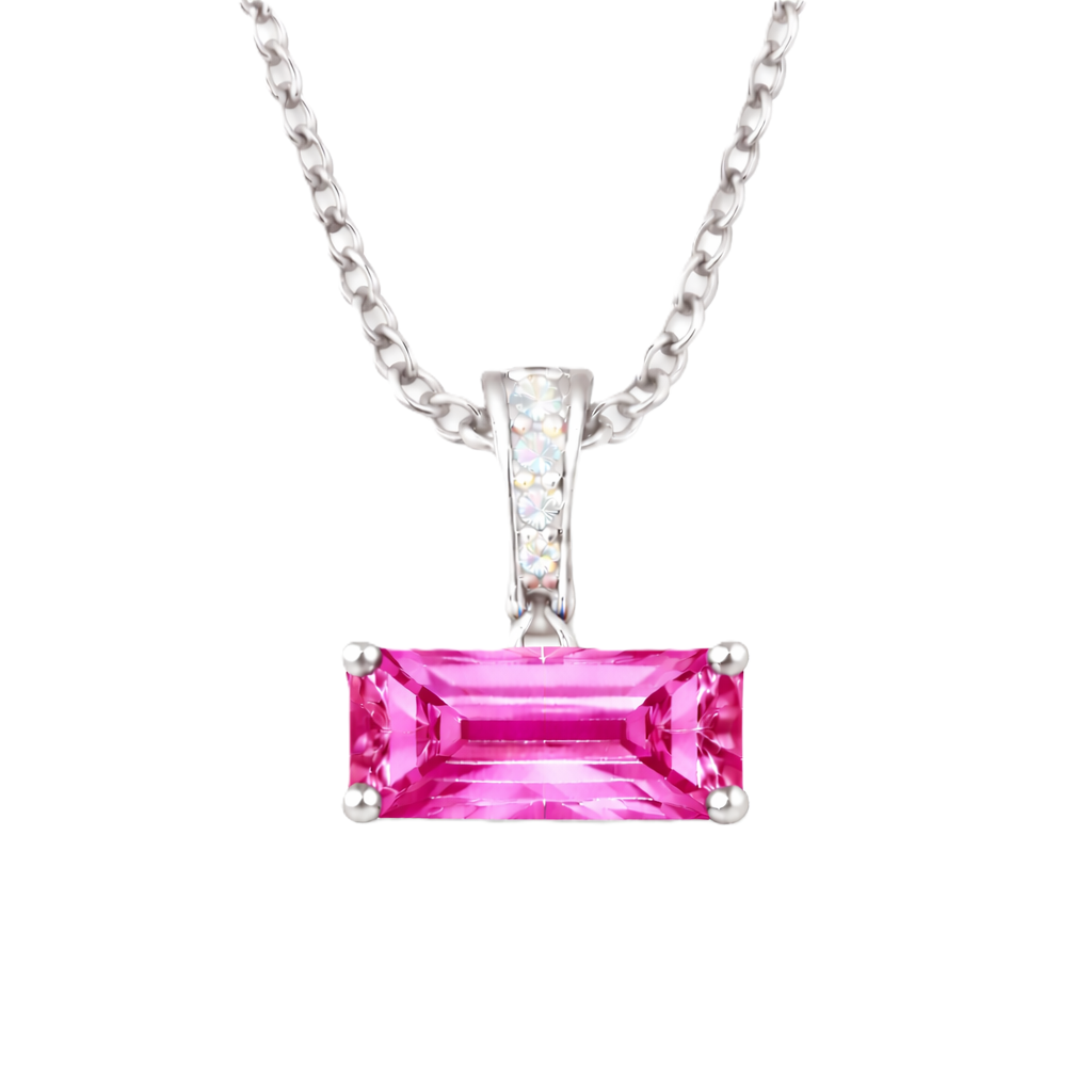 Pink sapphire pendant with an 8×5 mm gemstone in white gold-plated 925 silver, accented with moissanite. Elegant and refined. Available now at BSI Jewelry.