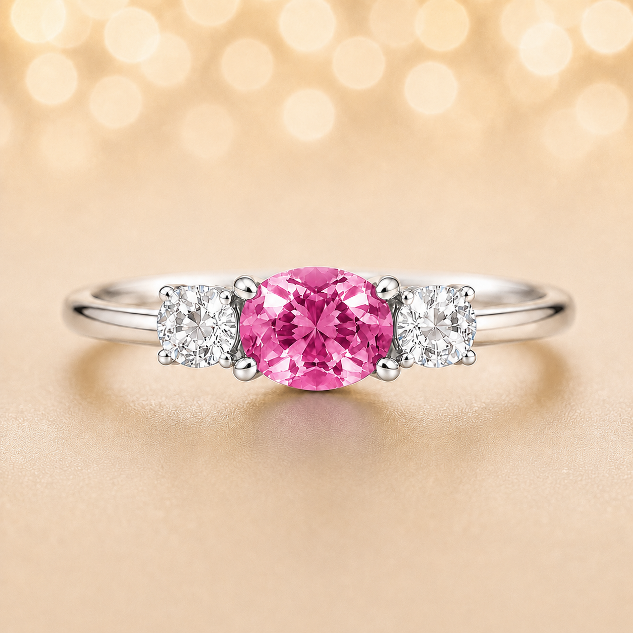 Pink sapphire ring, 5×4 mm oval with moissanite accents in white gold-plated 925 silver. Elegant and hypoallergenic. Available now at BSI Jewelry.