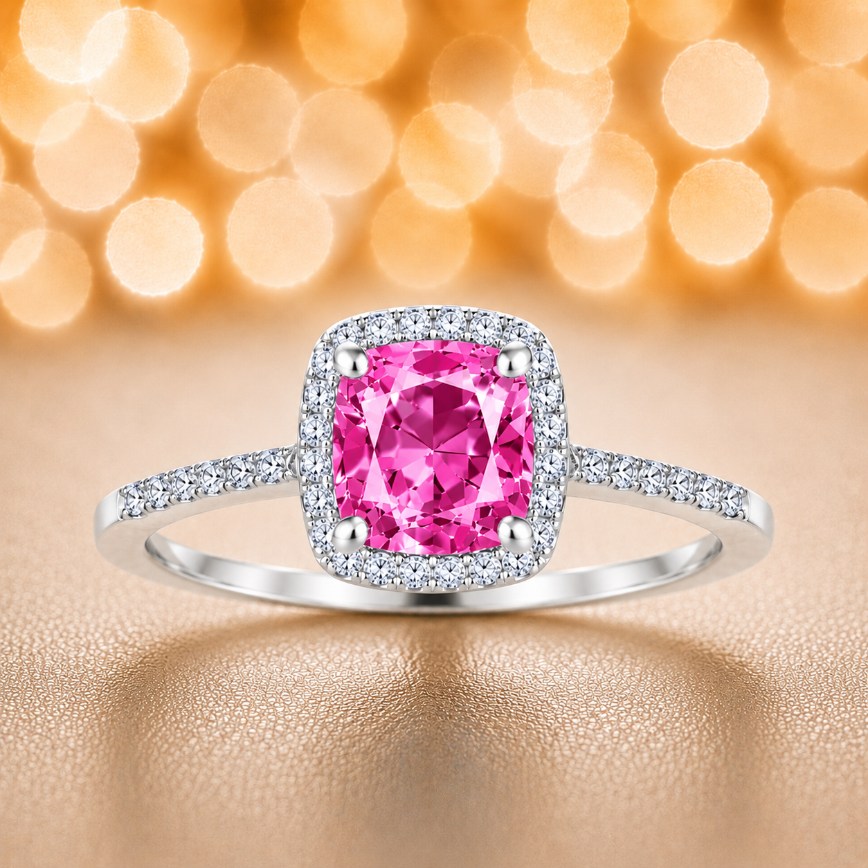 Pink sapphire ring with a 6 mm cushion cut, accented by moissanite in white gold-plated 925 silver. Elegant and timeless. Available now at BSI Jewelry.