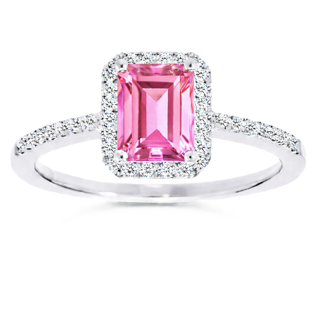 Pink sapphire ring with a 7×5 mm emerald cut, with moissanite in white gold-plated 925 silver. Elegant and timeless for daily wear. Available now at BSI Jewelry.