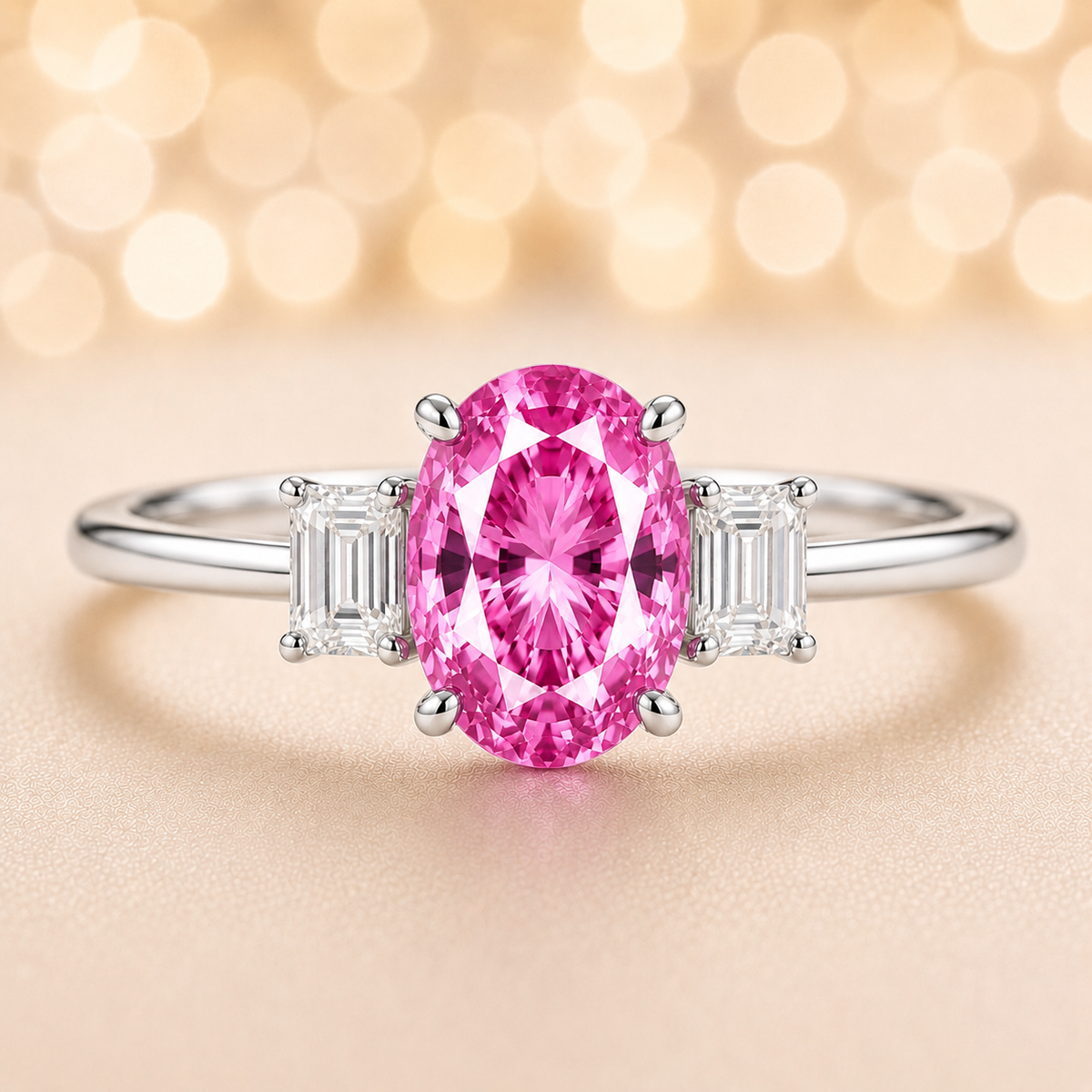 Pink sapphire ring with 7×5 mm oval center and 5×3 mm moissanite sides in white gold-plated 925 silver. Elegant and refined. Available now at BSI Jewelry.