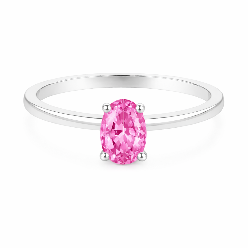 Pink sapphire solitaire ring with a 6×4 mm oval in white gold-plated 925 silver. Elegant, minimal, and timeless for daily wear. Available now at BSI Jewelry.