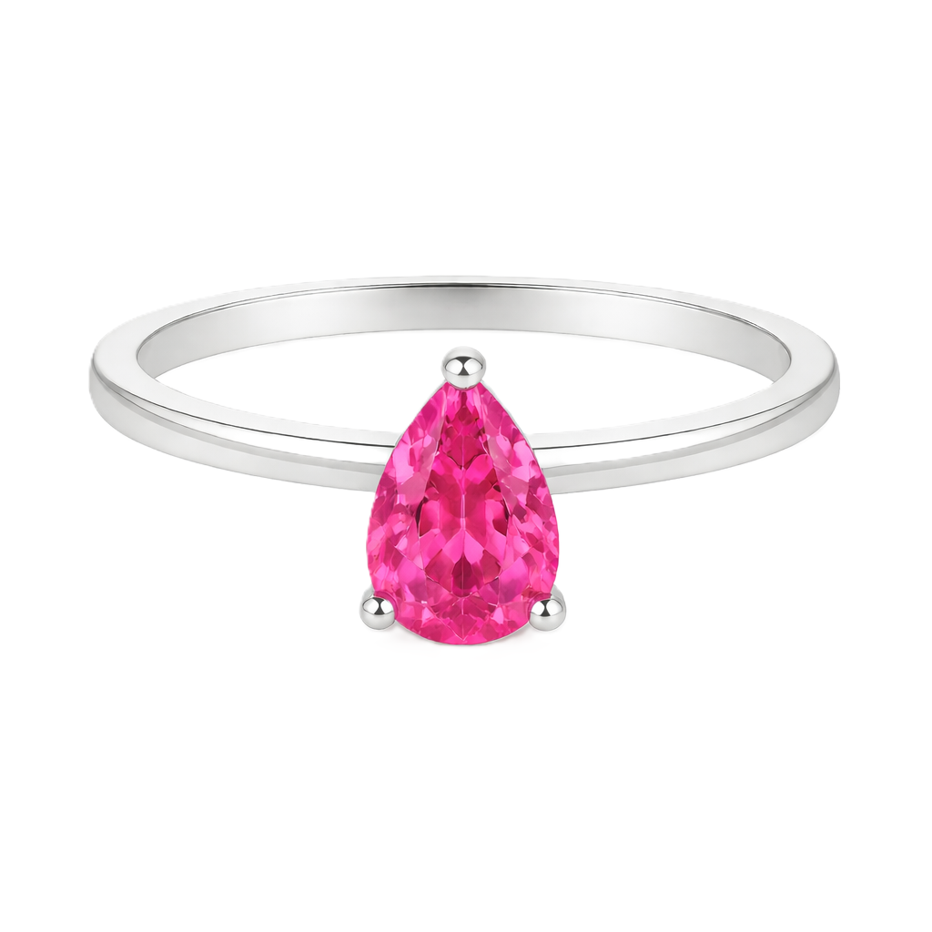 Pink sapphire solitaire ring with a 6×4 mm pear in white gold-plated 925 silver. Elegant, minimal, and timeless for daily wear. Available now at BSI Jewelry.