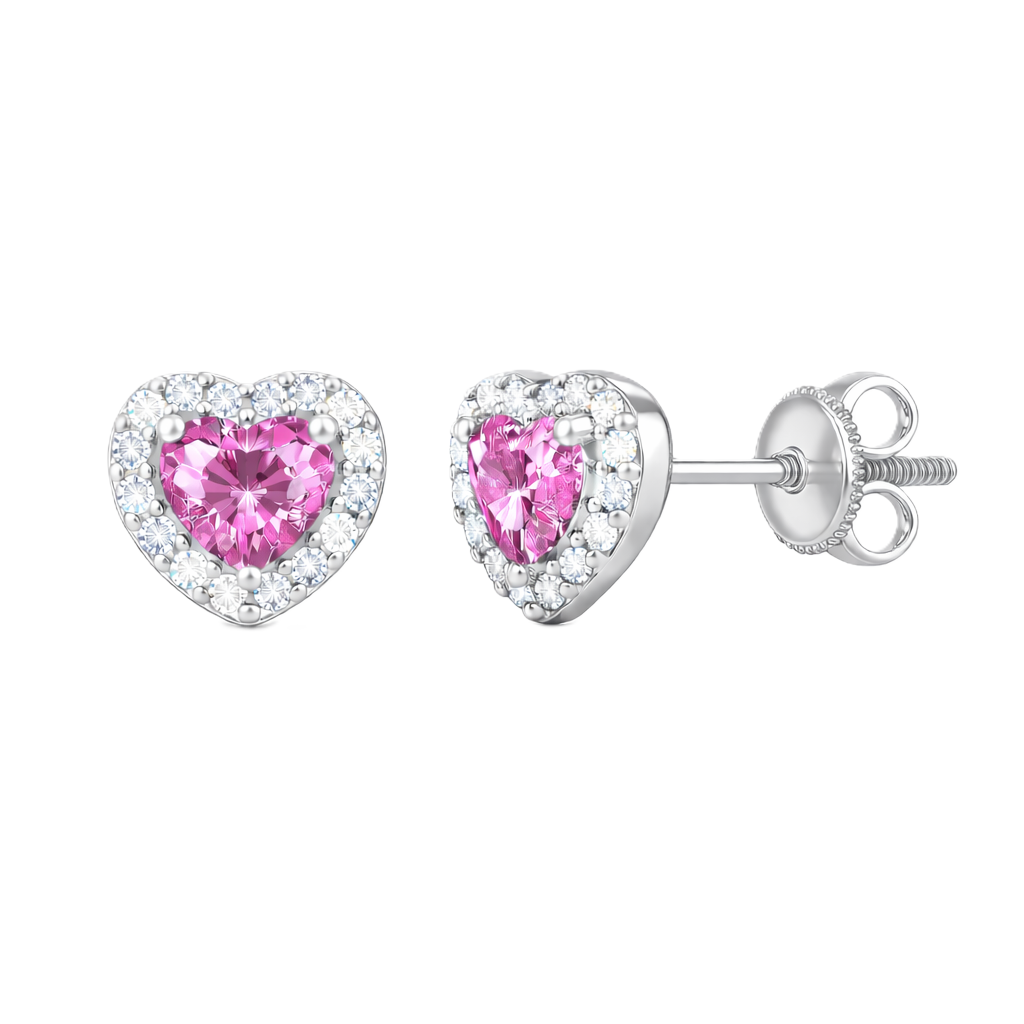 Pink sapphire stud earrings with 4 mm heart cut in white gold-plated 925 silver, accented with moissanite and screw-back posts. Available now at BSI Jewelry.