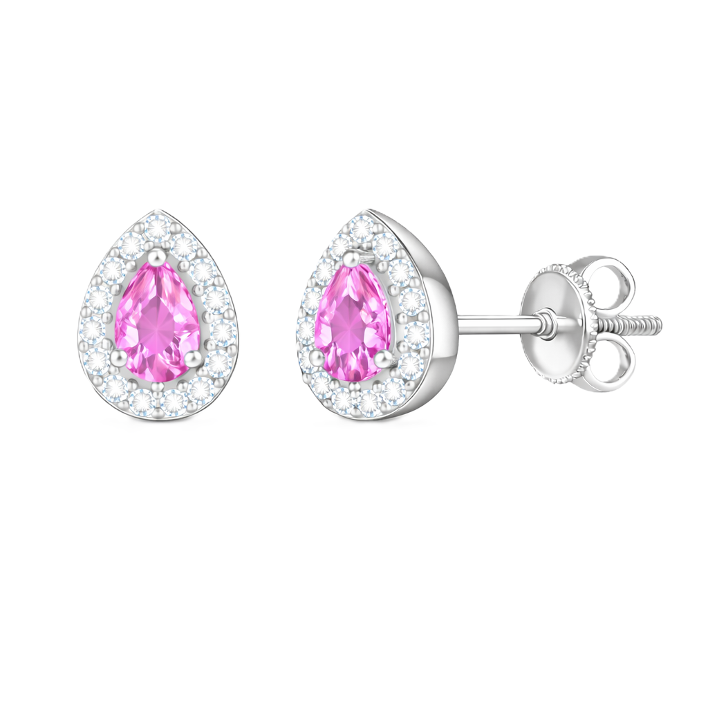 Pink sapphire stud earrings with 5×3 mm pear in white gold-plated 925 silver, accented with moissanite and secure screw-back posts. Available now at BSI Jewelry.