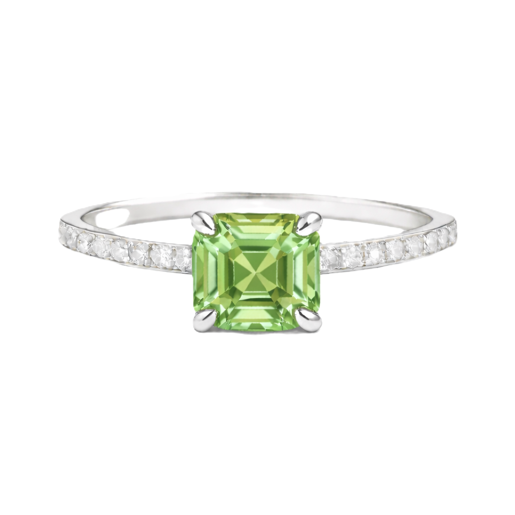 Prasiolite ring with a 6 mm Asscher-cut stone in white gold-plated 925 silver, accented with moissanite and soft green brilliance. Available now at BSI Jewelry.