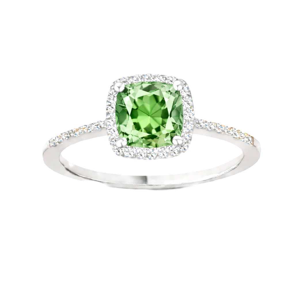 Prasiolite ring with a 6 mm cushion-cut center in white gold-plated 925 silver, accented with moissanite for refined sparkle. Available now at BSI Jewelry.