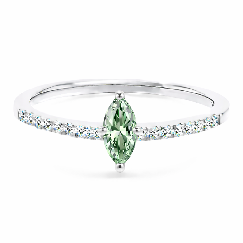 Prasiolite ring with an 8×4 mm marquise-cut stone, accented by moissanite in white gold-plated 925 silver. Elegant and refreshing. Available now at BSI Jewelry.