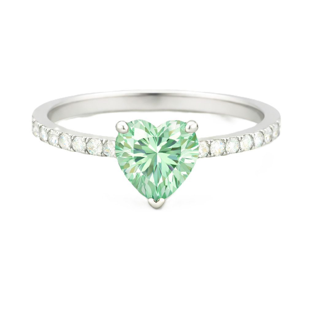 Prasolite ring with a 6 mm heart in white gold-plated 925 silver, with moissanite. Romantic and elegant for daily wear. Available now at BSI Jewelry.