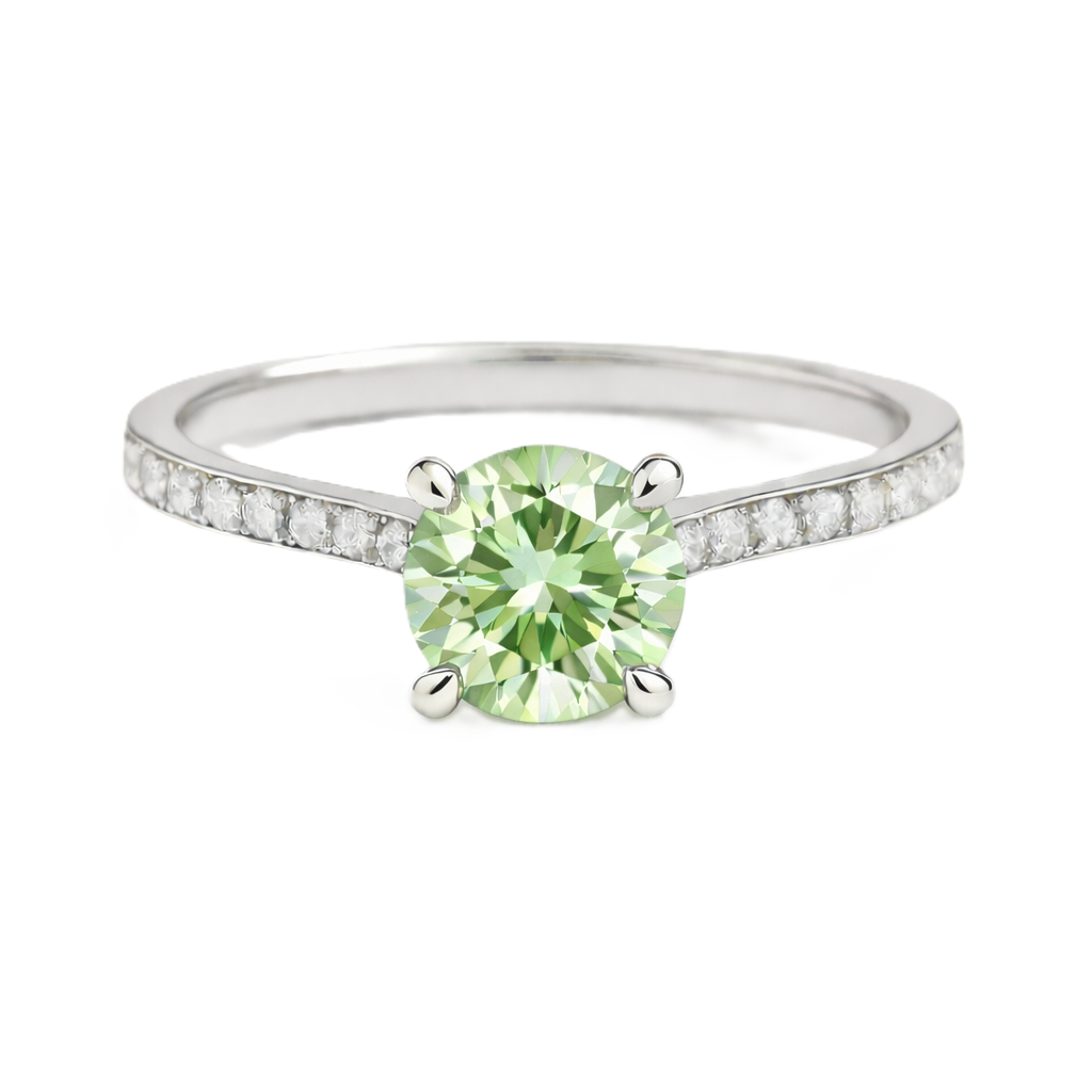 Prasolite ring with a 6 mm round-cut and moissanite accents, crafted in white gold-plated 925 silver. Elegant for daily wear. Available now at BSI Jewelry.