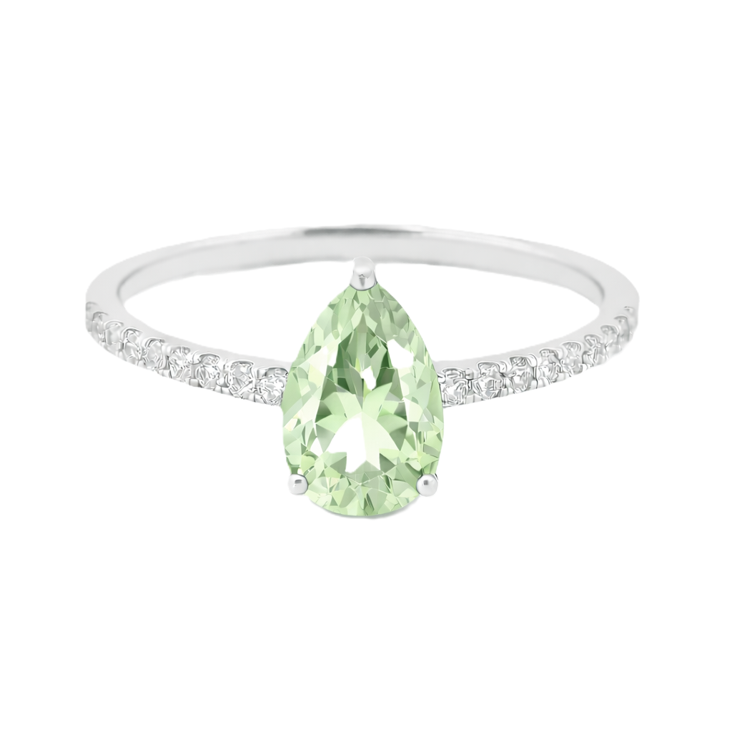 Prasolite ring with a 7×5 mm pear-cut stone and moissanite accents in white gold plated 925 silver. Elegant for daily wear. Available now at BSI Jewelry.