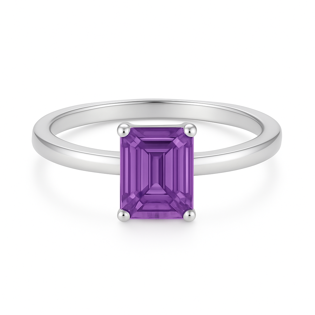 7×5 mm emerald-cut purple sapphire solitaire ring set in white-gold-plated 925 silver. Minimalist design with timeless elegance. Available now at BSI Jewelry.