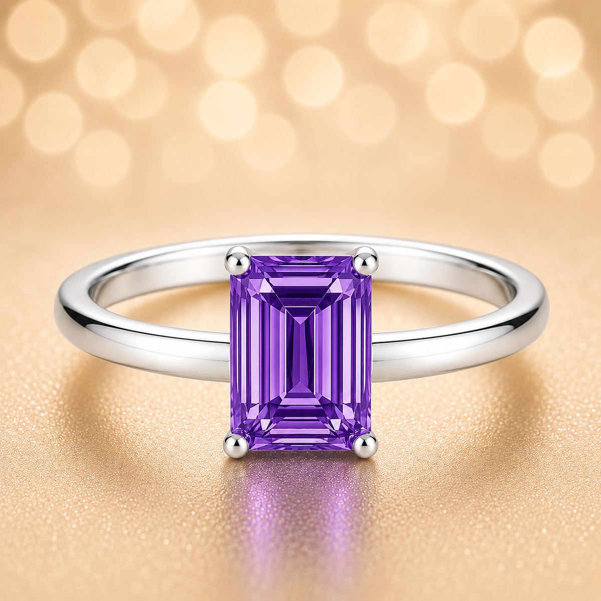 7×5 mm emerald-cut purple sapphire solitaire ring set in white-gold-plated 925 silver. Minimalist design with timeless elegance. Available now at BSI Jewelry.