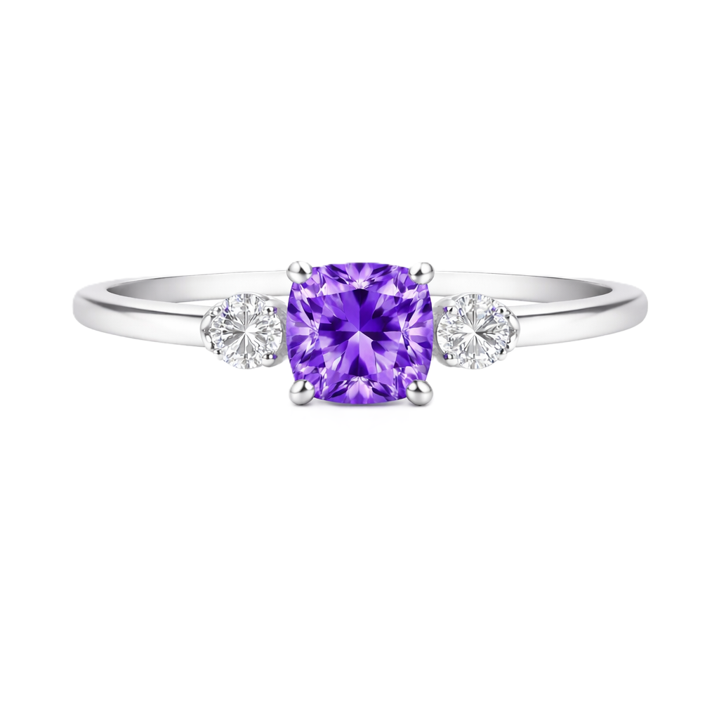 Purple sapphire engagement ring, 6 mm cushion, crafted in white gold-plated 925 silver. Elegant and timeless for daily wear. Available now at BSI Jewelry.