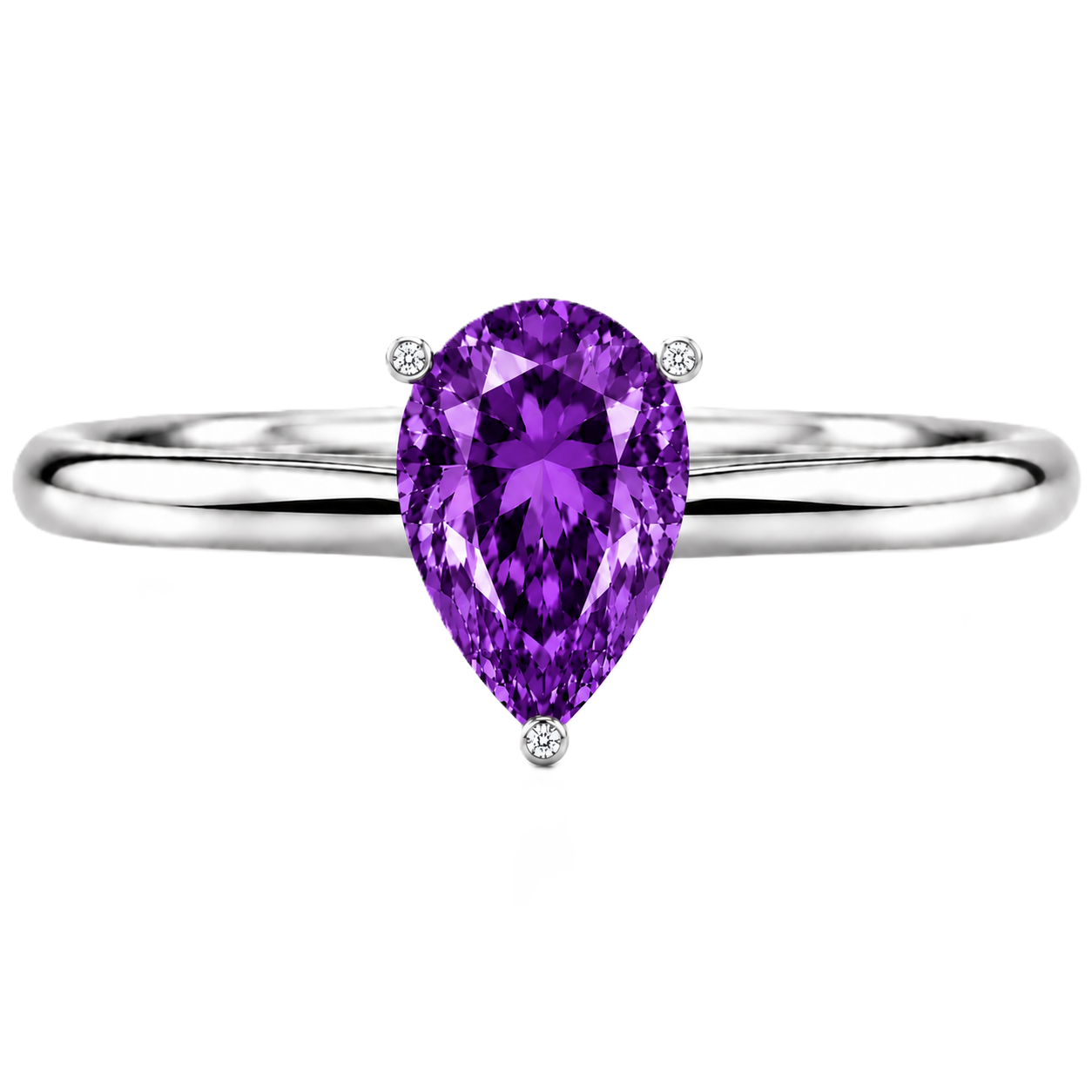 Elegant purple sapphire engagement ring with a 6×4 mm pear-cut center stone, crafted in white gold plated 925 silver. Available now at BSI Jewelry.