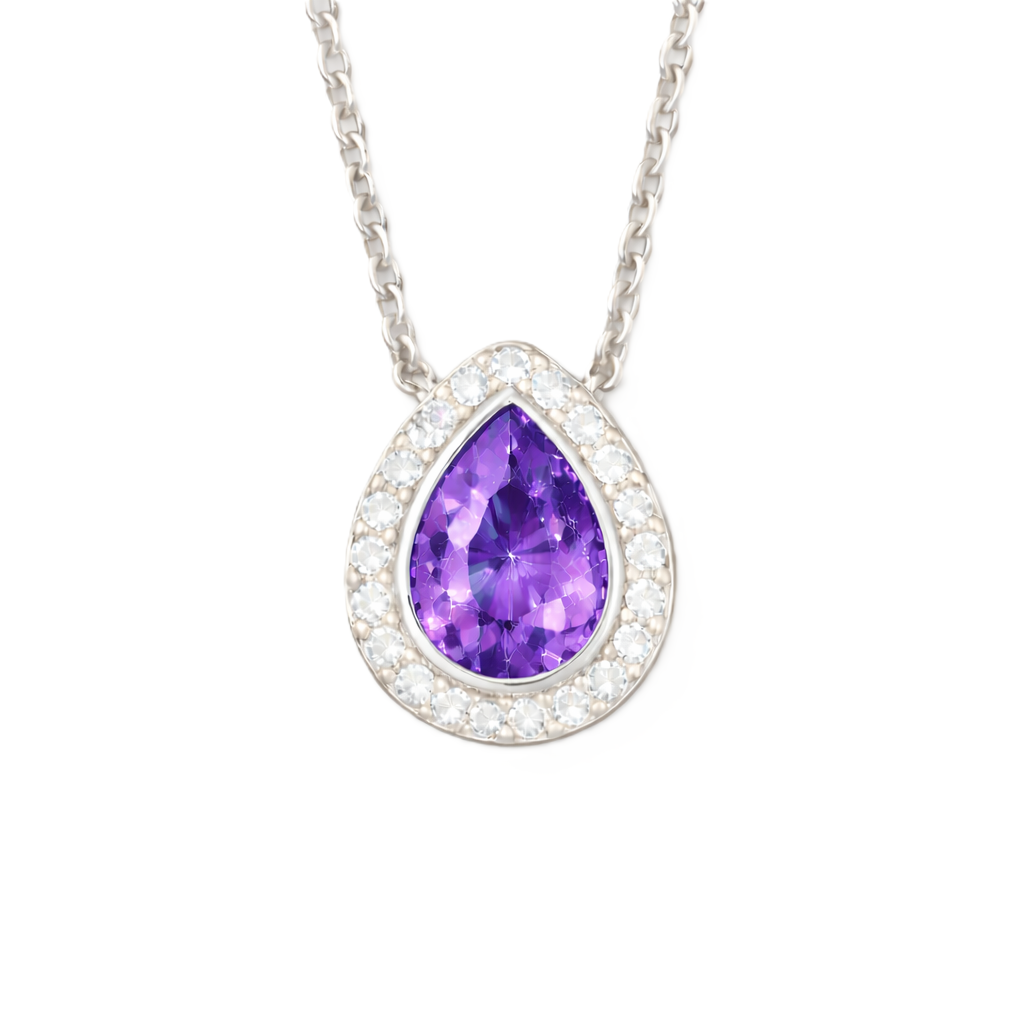 Purple sapphire halo pendant with 7×5 mm pear cut in white gold-plated 925 silver, accented with moissanite. Elegant and refined. Available now at BSI Jewelry.