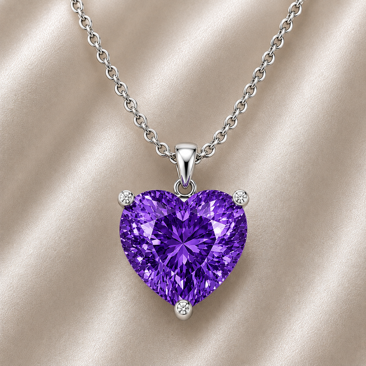 Purple sapphire heart necklace featuring a vibrant 6 mm heart gemstone in white gold-plated 925 silver. Romantic, elegant, and available now at BSI Jewelry.
