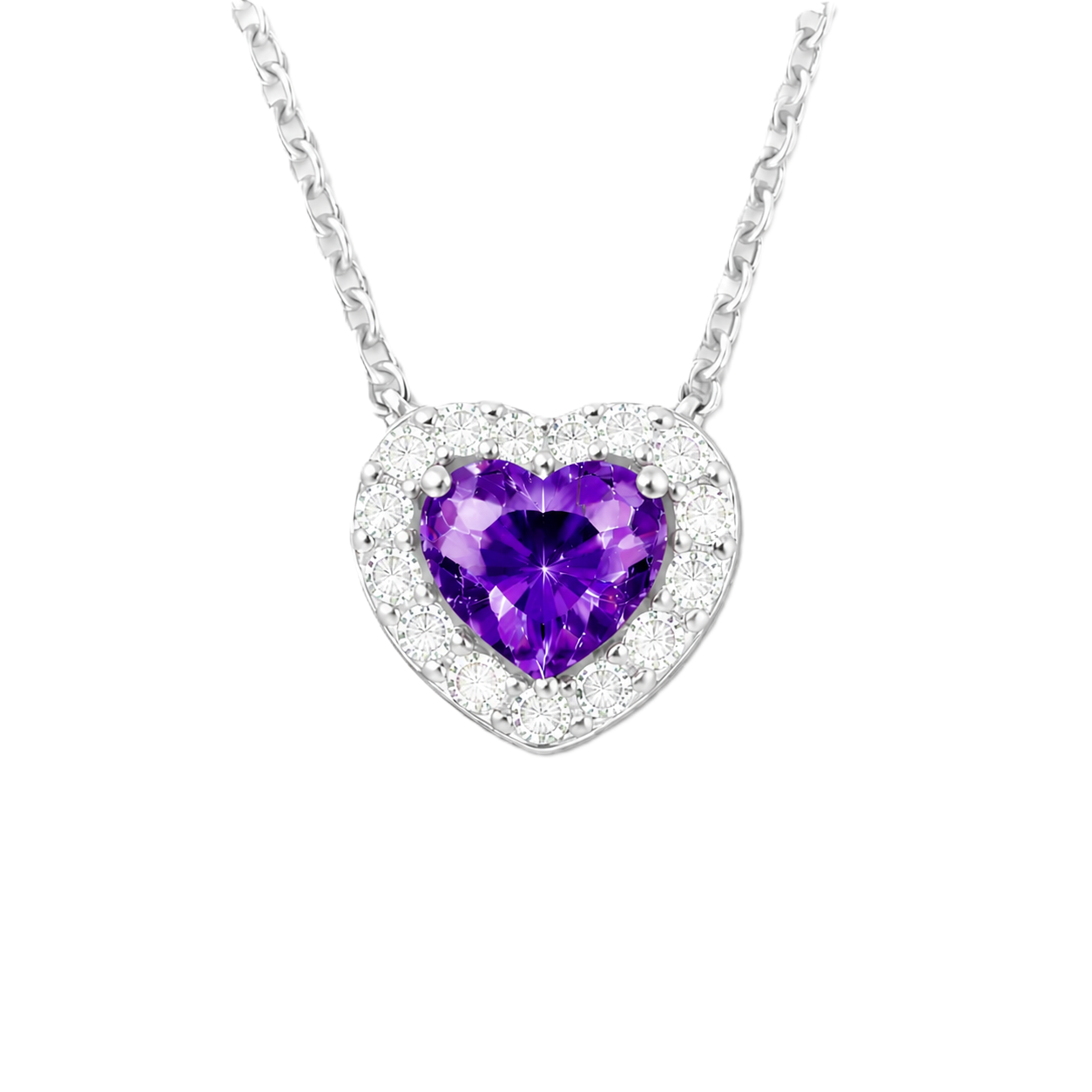 Purple sapphire heart necklace with 6 mm center stone in white gold-plated 925 silver. Elegant and romantic for everyday wear. Available now at BSI Jewelry.