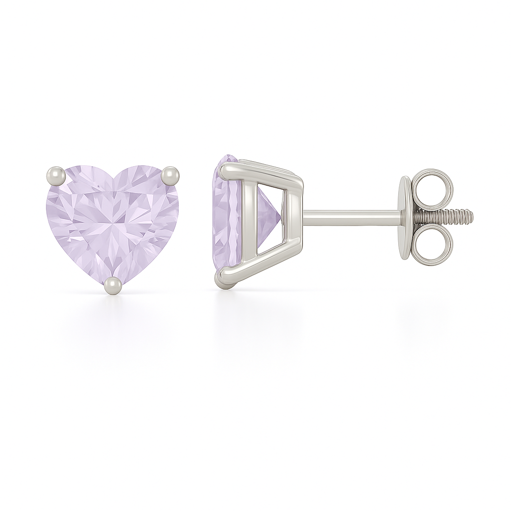 Elegant 6mm heart-cut Purple Sapphire stud earrings in white-gold-plated 925 silver, hypoallergenic and safe to wear. Available now at BSI Jewelry.