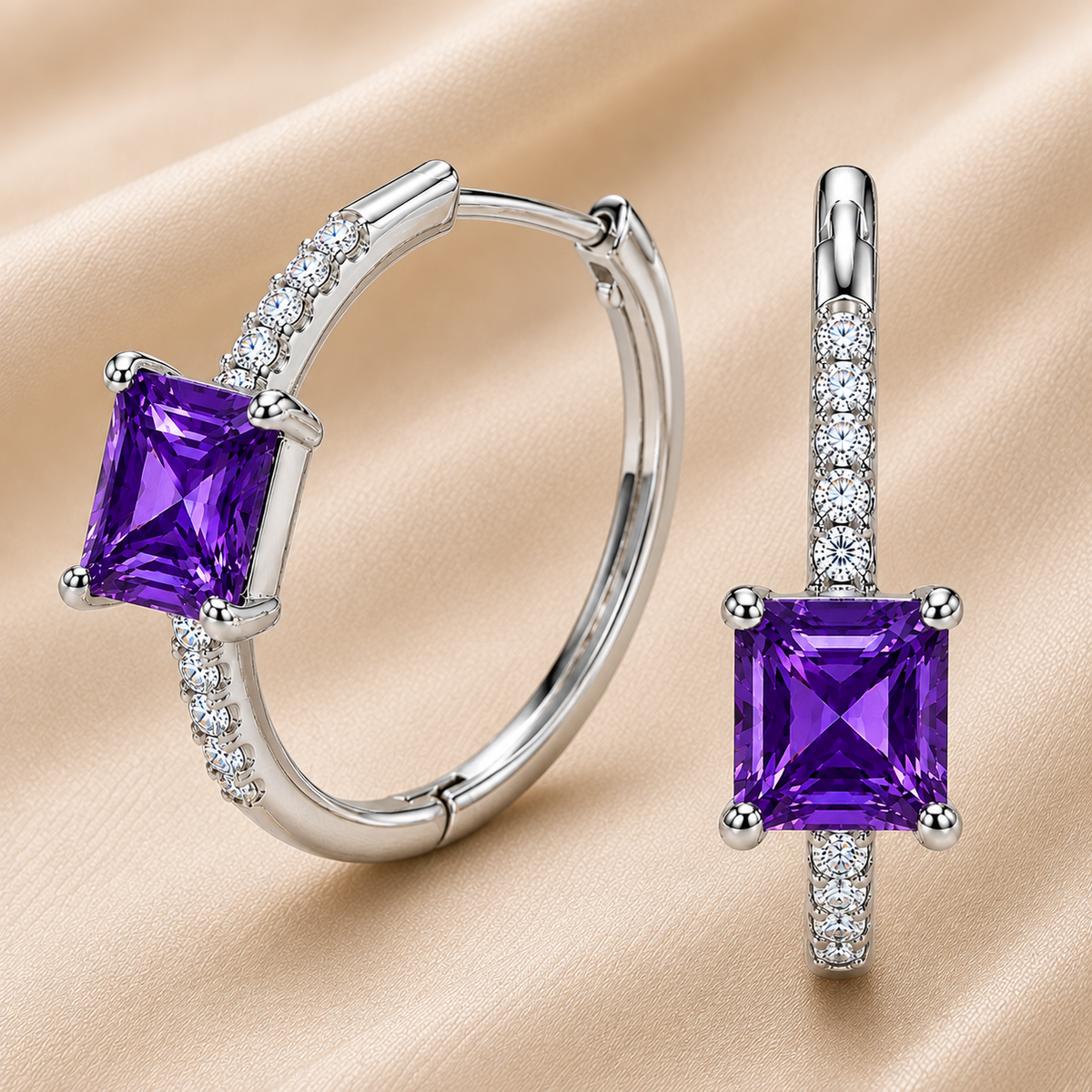 Purple sapphire huggie earrings featuring vibrant 5 mm square purple sapphires and sparkling accents in white gold plated 925 silver. Available now at BSI Jewelry.