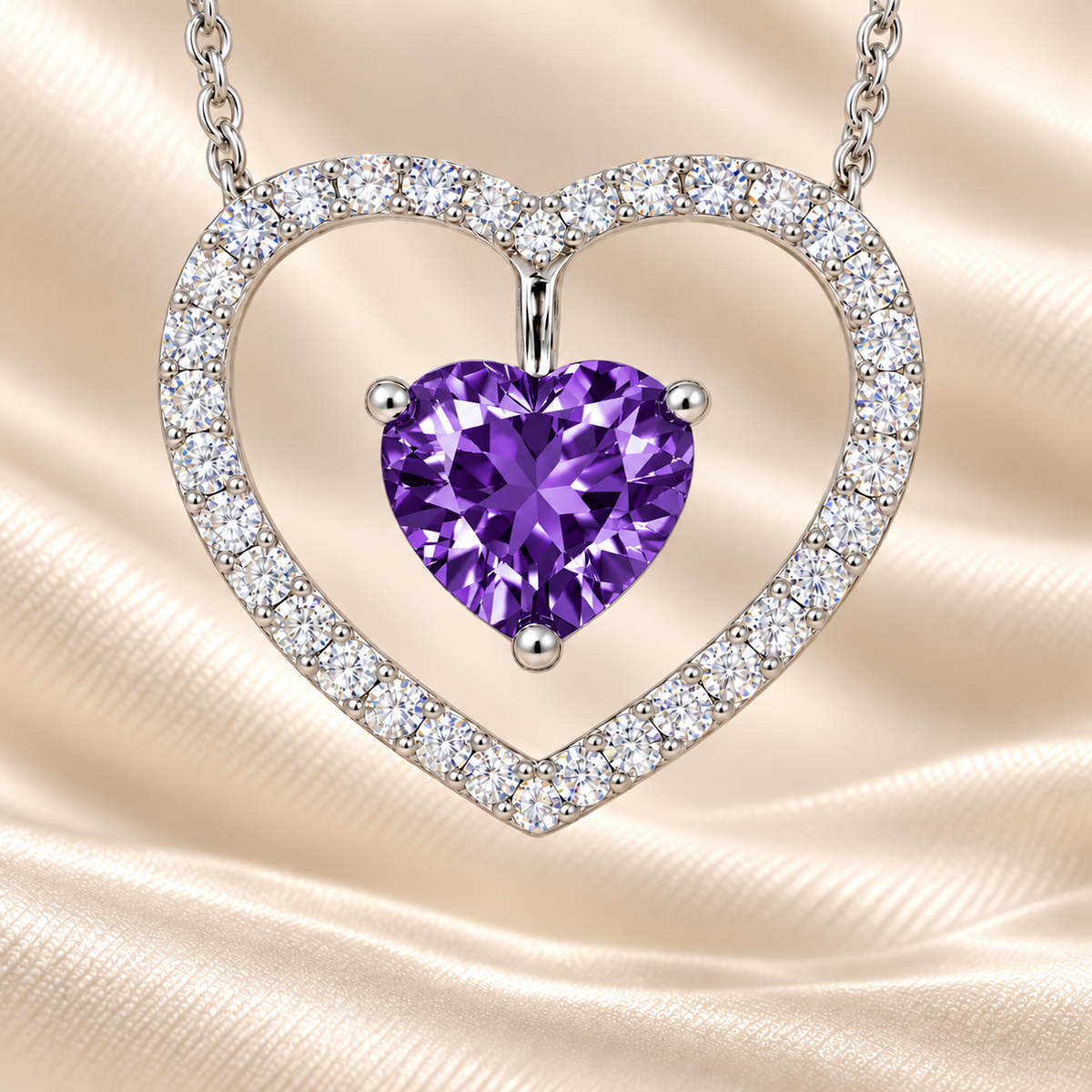 Purple sapphire necklace with a 6 mm heart cut and moissanite halo, crafted in white gold-plated 925 silver. Elegant and refined. Available now at BSI Jewelry.