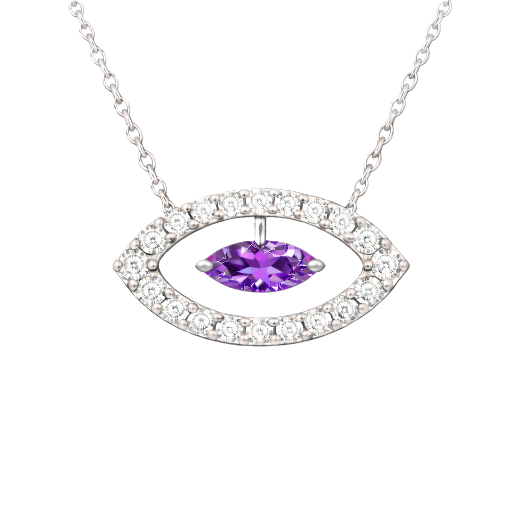 Purple sapphire necklace with a 7×3.5 mm marquise cut in white gold-plated 925 silver and moissanite accents. Elegant for daily wear. Available now at BSI Jewelry.