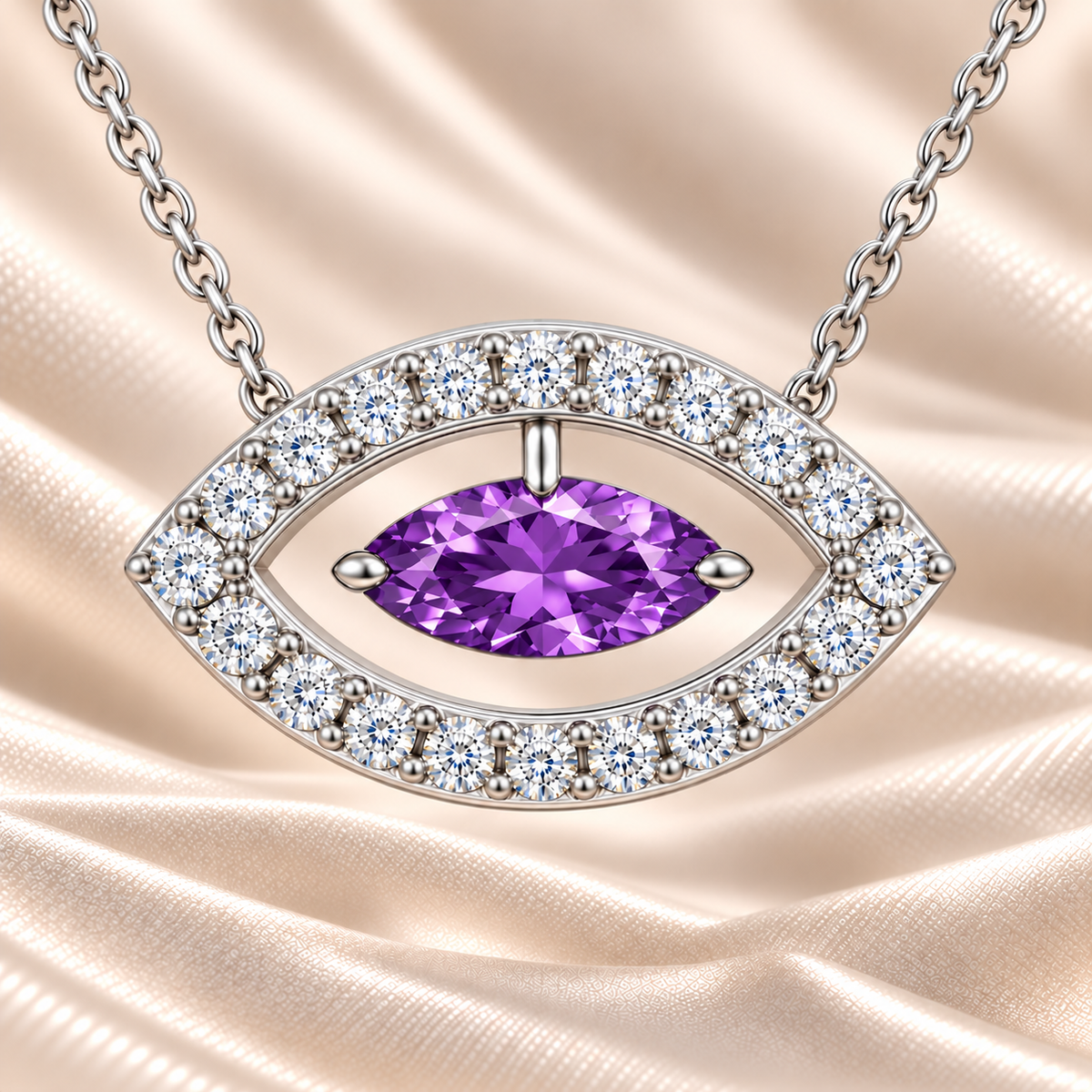 Purple sapphire necklace with a 7×3.5 mm marquise cut in white gold-plated 925 silver and moissanite accents. Elegant for daily wear. Available now at BSI Jewelry.