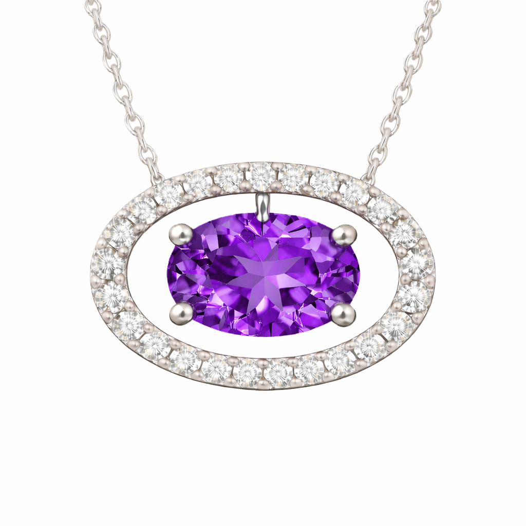 Purple sapphire necklace with an 8×5 mm oval cut and moissanite halo, crafted in white gold-plated 925 silver. Elegant and refined. Available now at BSI Jewelry.