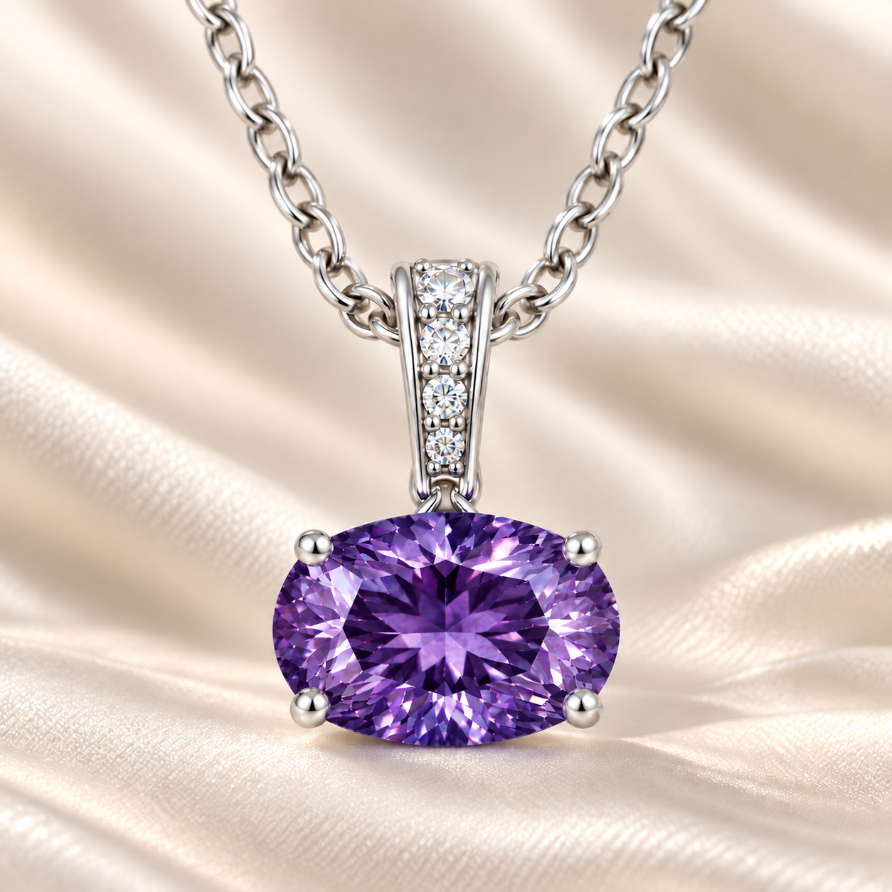 Purple sapphire oval pendant with an 8×5 mm gemstone in white gold-plated 925 silver, accented with moissanite. Elegant and refined. Available now at BSI Jewelry.