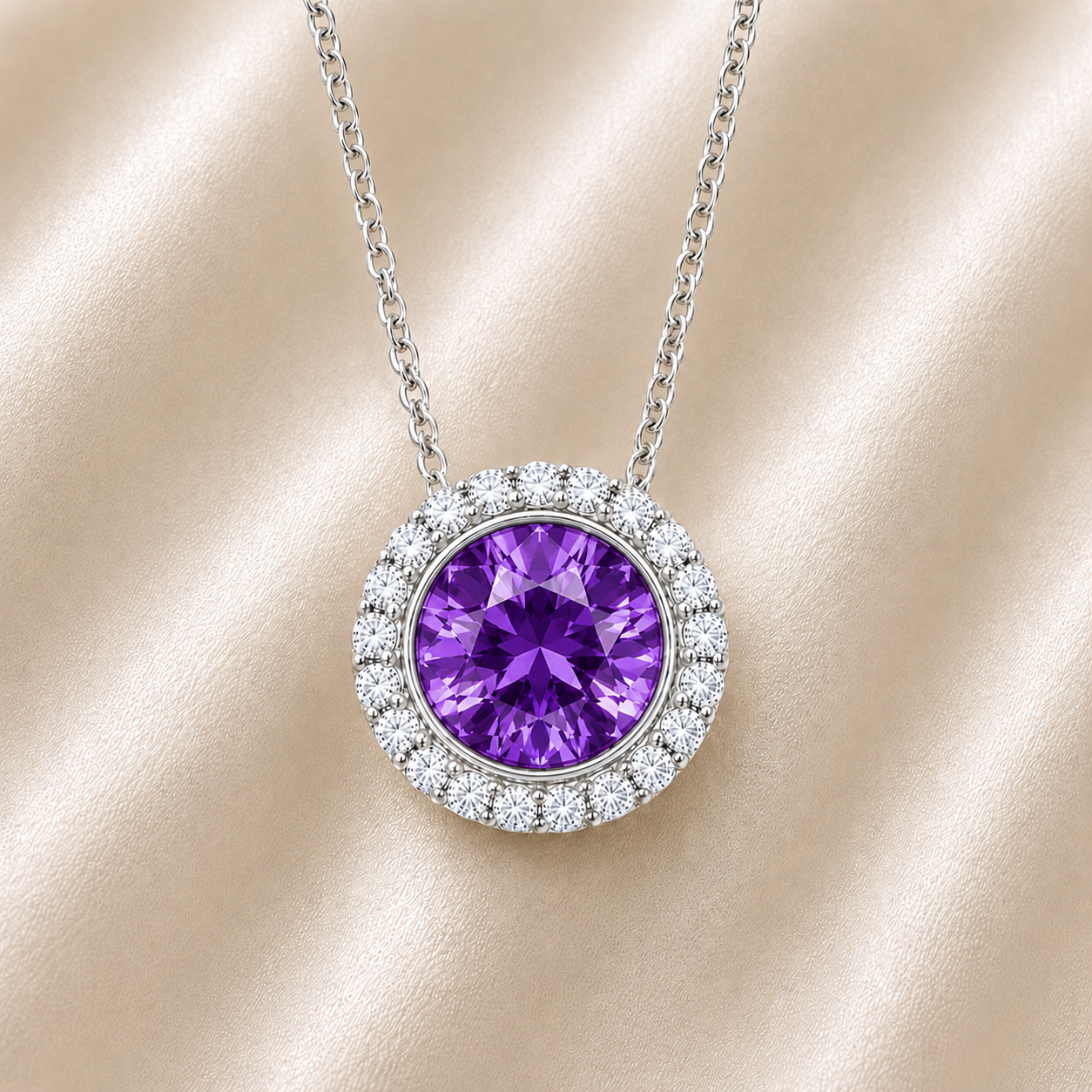 Purple sapphire pendant with 6 mm round stone in white gold-plated 925 silver, accented with moissanite and adjustable cable chain. Available now at BSI Jewelry.