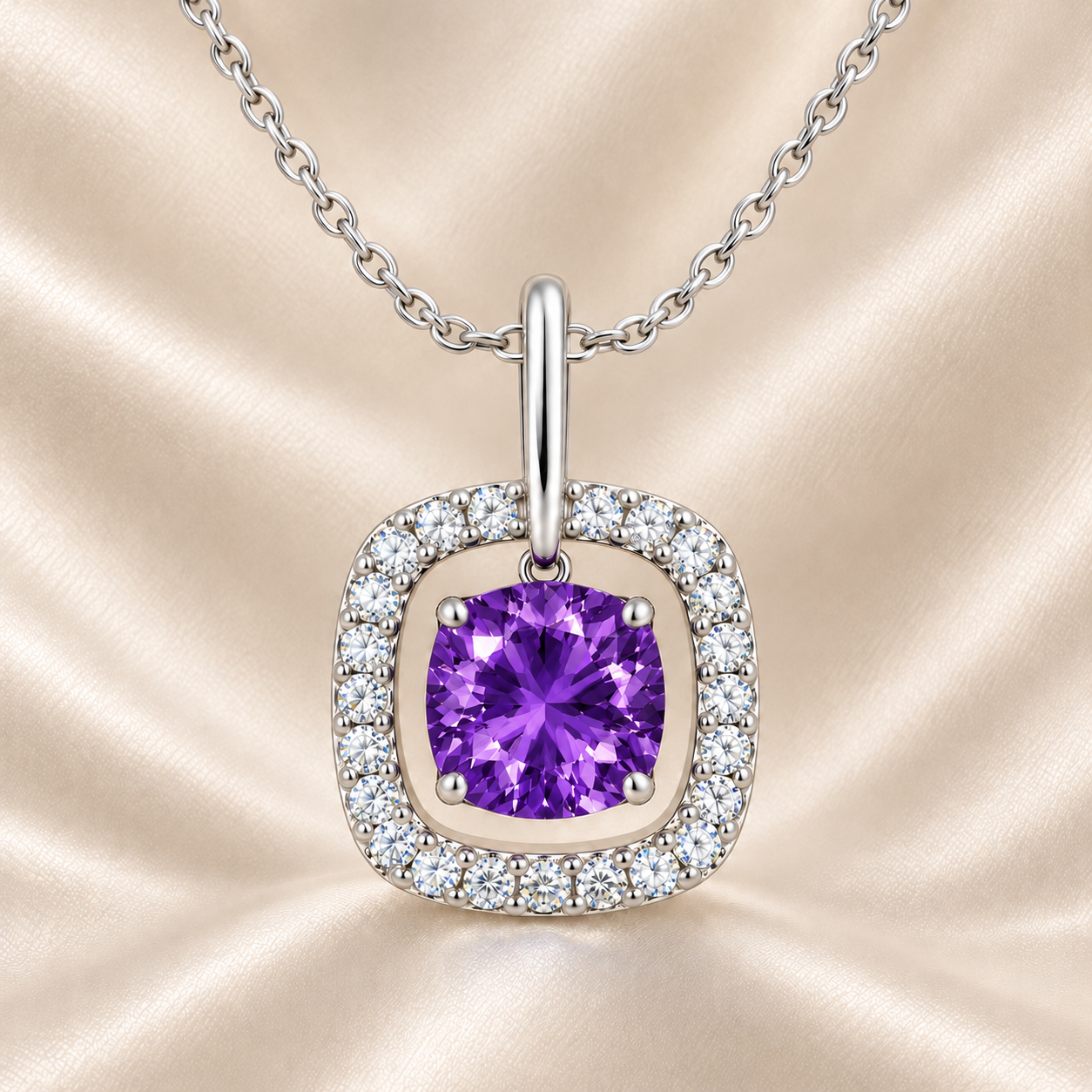 Purple sapphire pendant with a 7 mm cushion cut and moissanite halo, crafted in white gold-plated 925 silver. Elegant and radiant. Available now at BSI Jewelry.